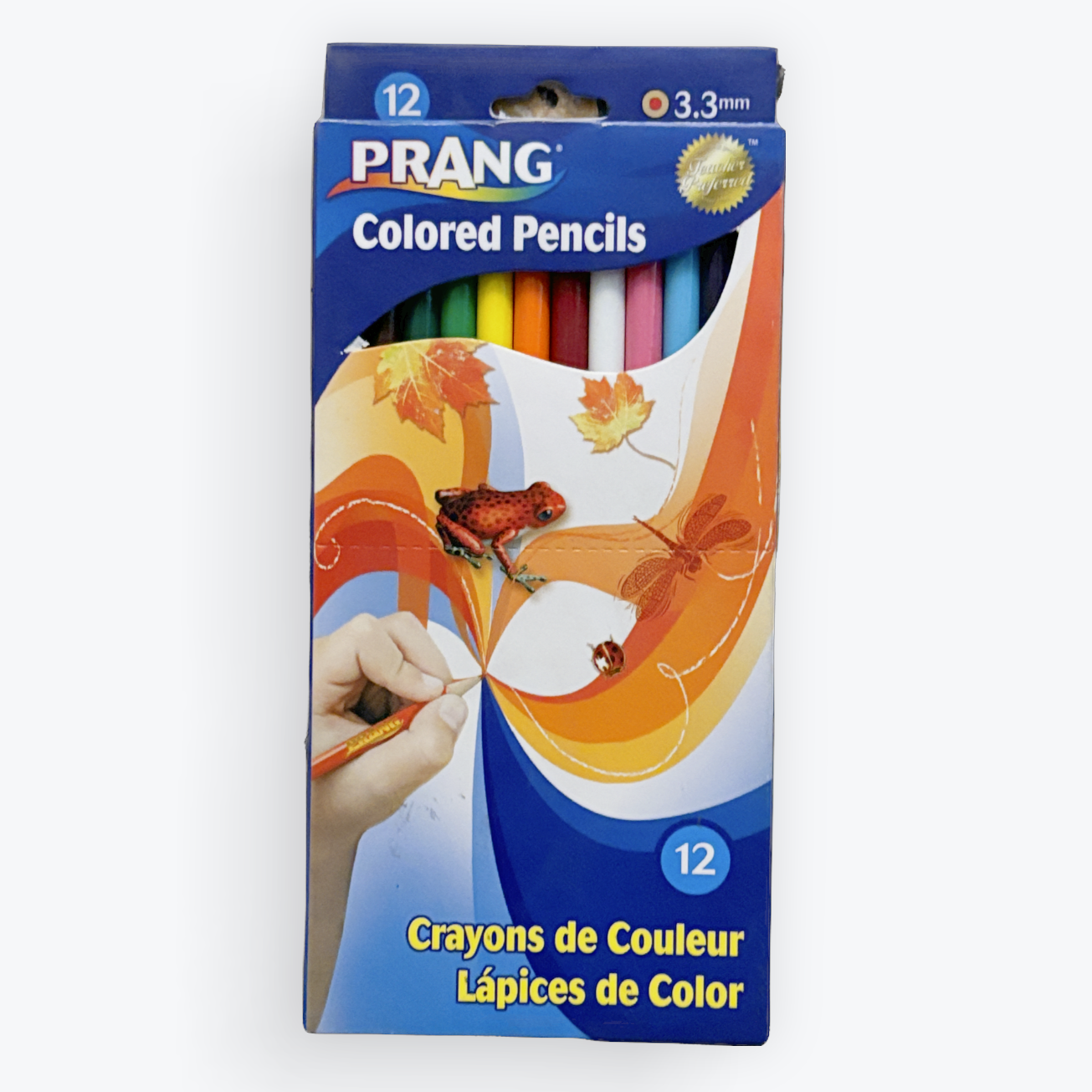 A 12-pack of PRANG colored pencils in a blue cardboard box, shown against a plain white background.