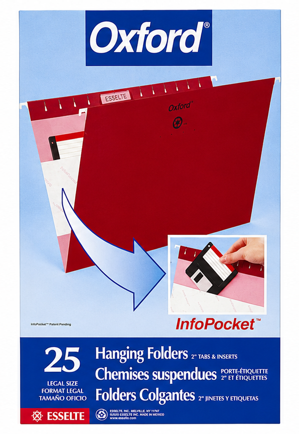 Oxford InfoPocket 25 hanging folders in burgundy, shown on a light blue background with product packaging and a small inset photo demonstrating use.