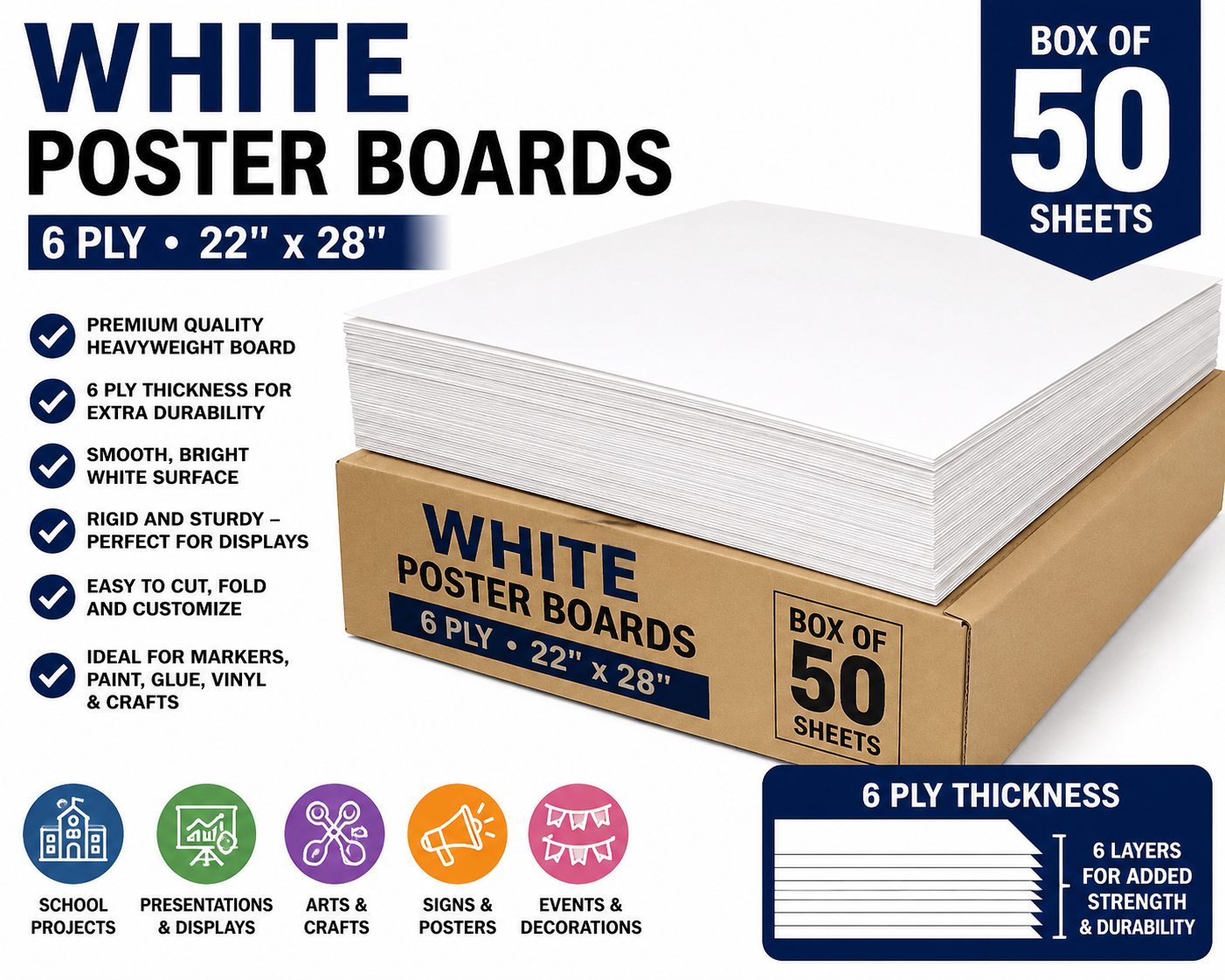 White 6-Ply Poster Board | 22" x 28" | Pack of 50