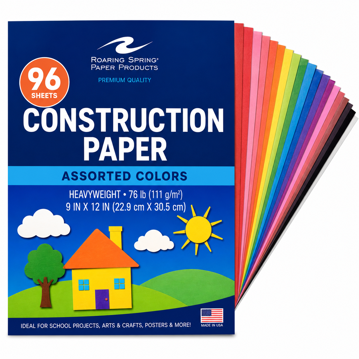 A pack of Roaring Spring Paper Products construction paper featuring a blue front cover with '96 sheets' and 'Assorted Colors' text, with multiple colored sheets fanned out behind it on a white background.