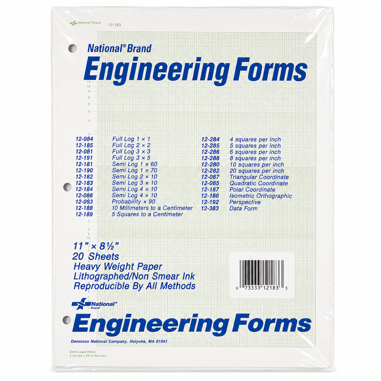 National® Engineering Forms 12-183 | Semi Log 3 × 10 | 11" × 8½" | 20 Sheets | Heavy Weight Engineering Graph Paper