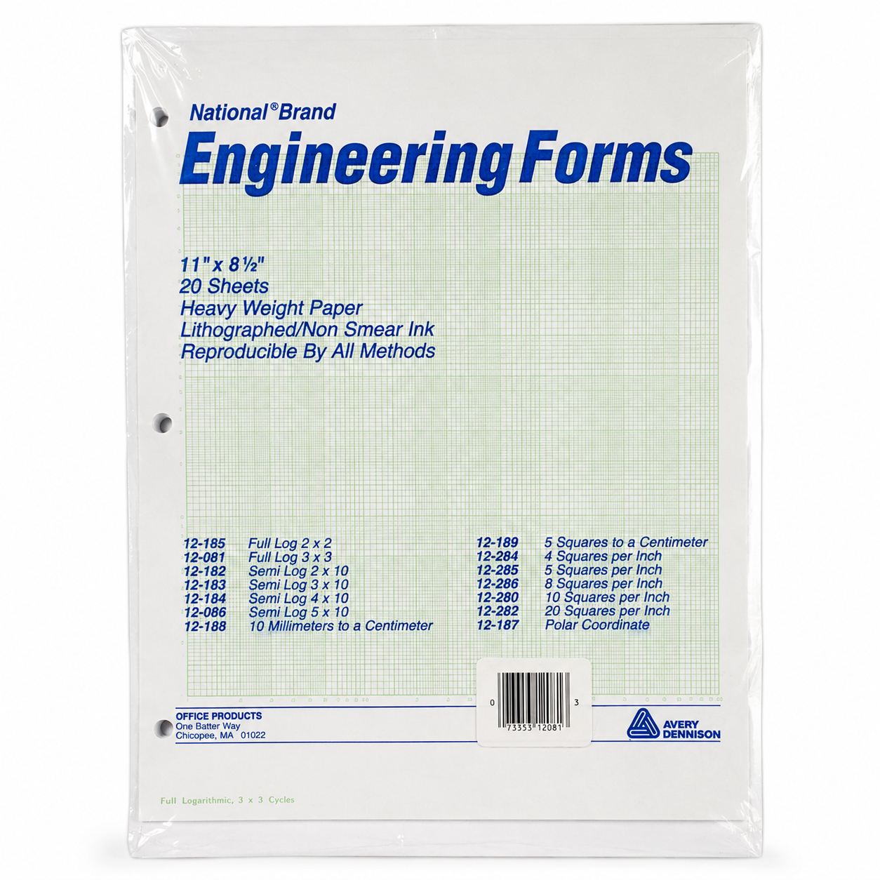 National® Engineering Forms 12-081 | Full Log 3 × 3 Cycles | 11" × 8½" | 20 Sheets | Heavy Weight Engineering Graph Paper