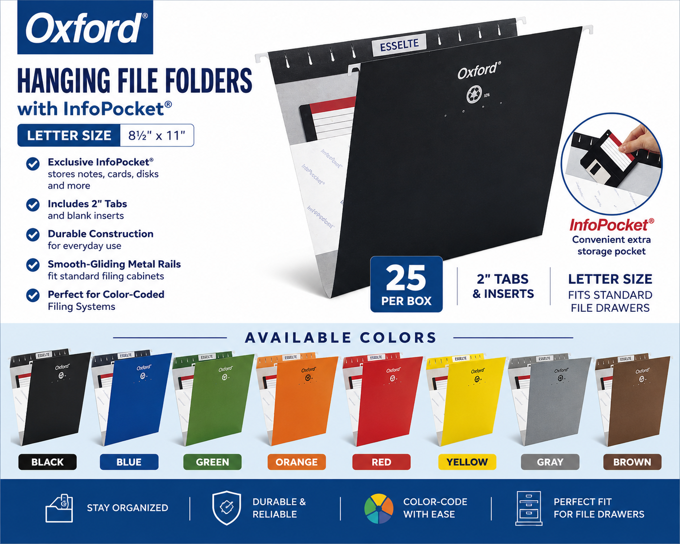 Oxford Letter Hanging File Folders Box of 25 | InfoPocket | Multiple Colors
