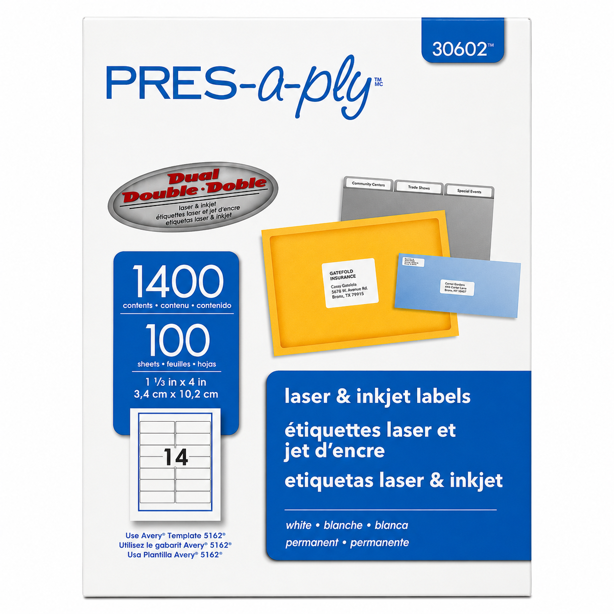 PRES-a-ply® 30602 White Shipping & Mailing Labels | 1-1/3" x 4" | 1,400 Permanent Laser & Inkjet Labels