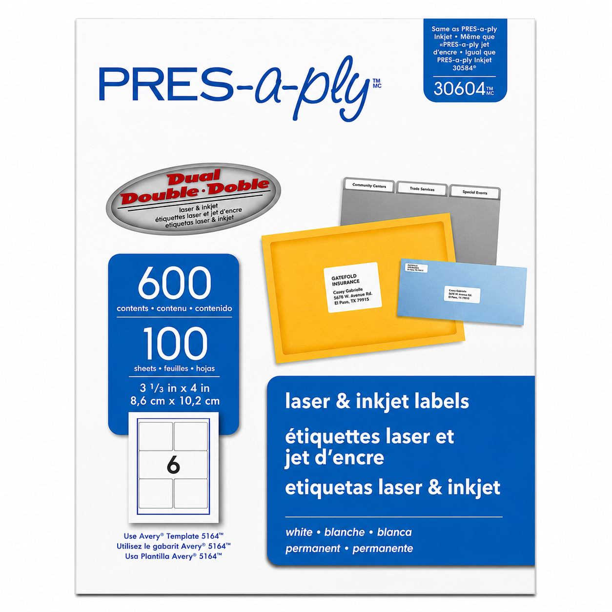 PRES-a-ply® 30604 White Shipping Labels | 3-1/3" x 4" | 600 Permanent Laser & Inkjet Labels
