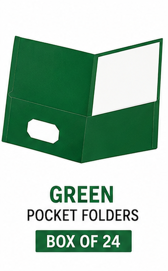 A green pocket folder shown open on a white background, with text below reading 'GREEN POCKET FOLDERS' and 'BOX OF 24'.