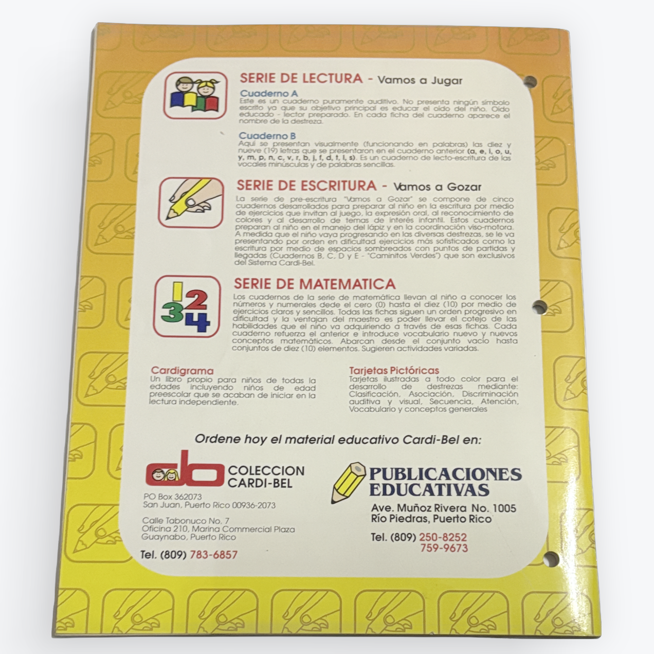 The back cover of a Spanish-language educational card set book by Publicaciones Educativas, featuring sections for reading, writing, and mathematics series, with a yellow border and black text on a white background.