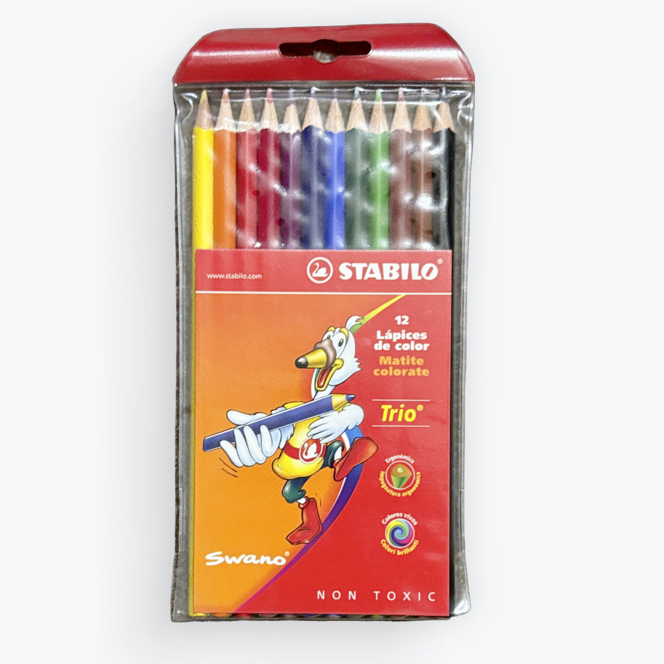 Stabili Trio non-toxic colored pencils in a red and orange packaging box, featuring a cartoon duck illustration and the Stabili brand logo.