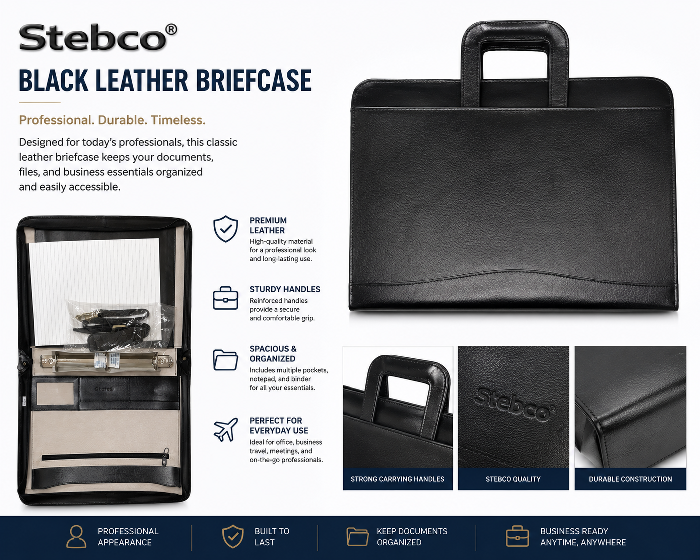 Stebco black leather briefcase shown in a composite product listing graphic with multiple views, feature callouts, and text describing its durability, organization, and professional appearance.