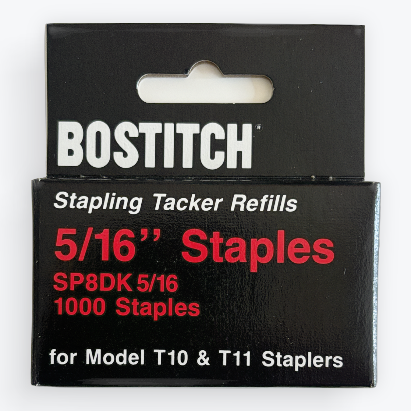 Bostitch Stapling Tacker Refills packaging for 5/16 inch staples, 1000 count, shown in a black cardboard box with white and red text on a light gray background.