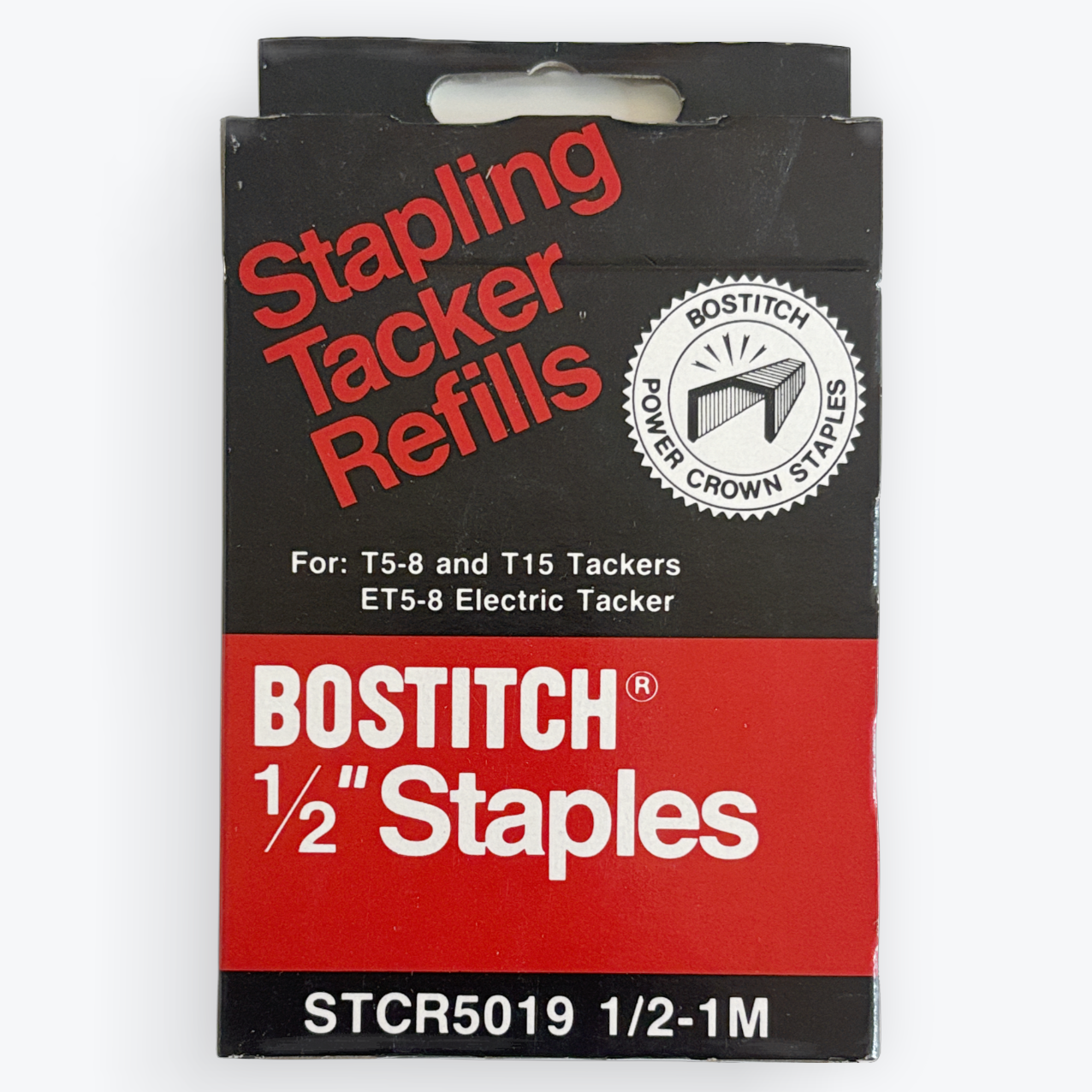 Bostitch Stapling Tacker Refills packaging for 1/2 inch staples, featuring a black and red cardboard box with white and red text on a light gray background.