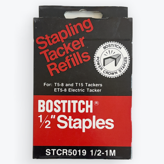 Bostitch Stapling Tacker Refills packaging for 1/2 inch staples, featuring a black and red cardboard box with white and red text on a light gray background.