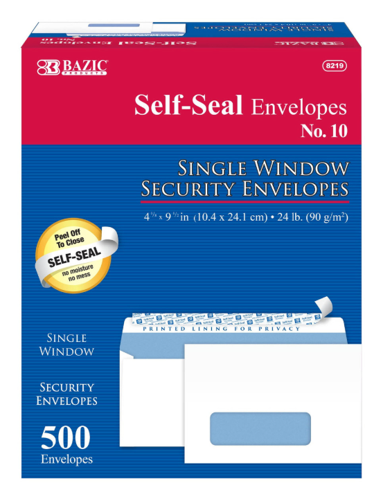 Bazic #10 Single Window Security Envelopes | Self-Seal | Privacy Tint | 500 Count