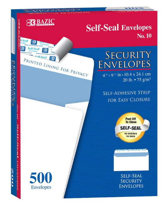 Bazic #10 Security Envelopes | Self-Seal | Privacy Tint | No Window | 500 Count