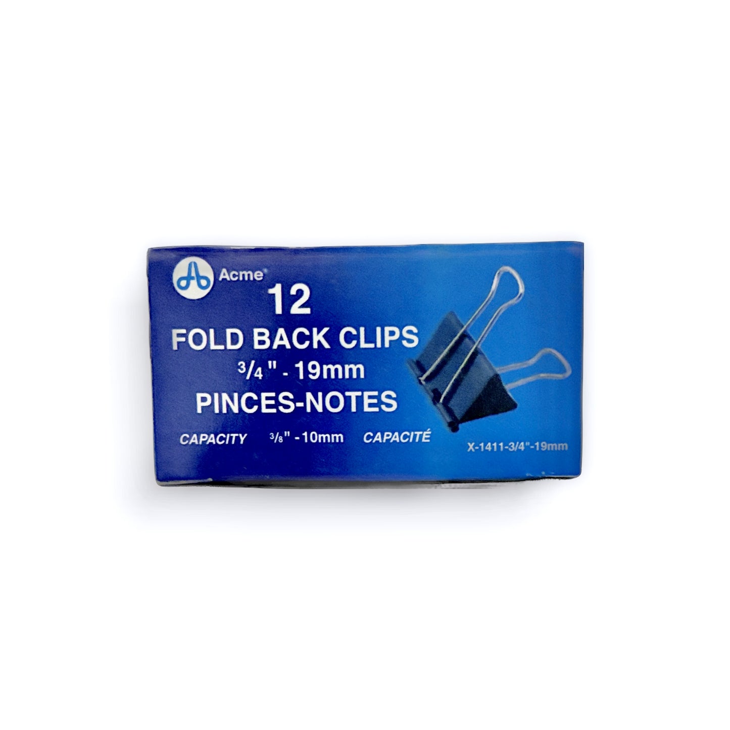 A blue box of Acme 12-pack of 3/4 inch (19mm) black fold-back binder clips on a white background.
