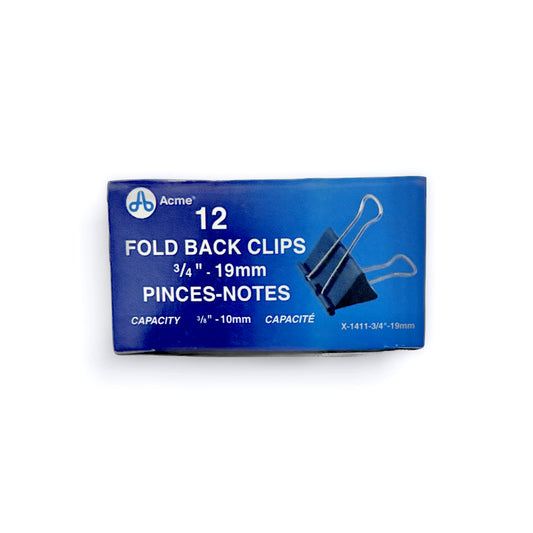 A blue box of Acme 12-pack of 3/4 inch (19mm) black fold-back binder clips on a white background.