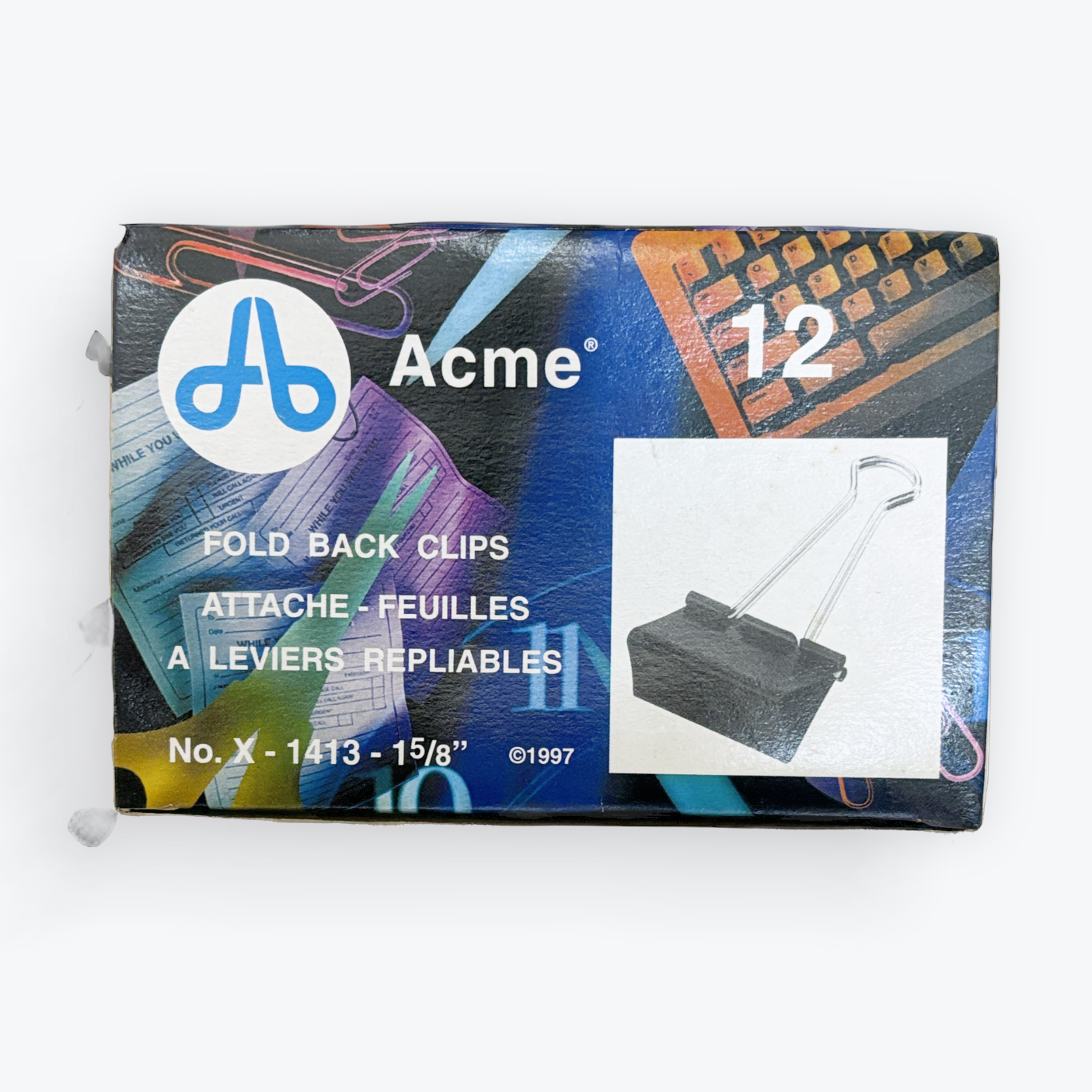 Acme brand replacement fold-back clips packaging, showing a 12-pack with a colorful abstract background and a small inset photo of the black clips.