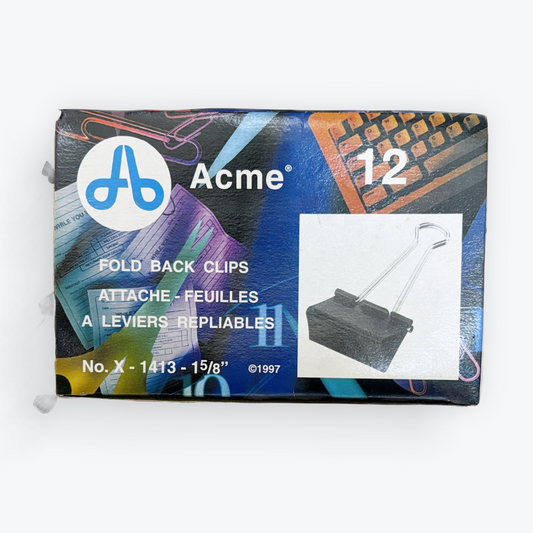 Acme brand replacement fold-back clips packaging, showing a 12-pack with a colorful abstract background and a small inset photo of the black clips.
