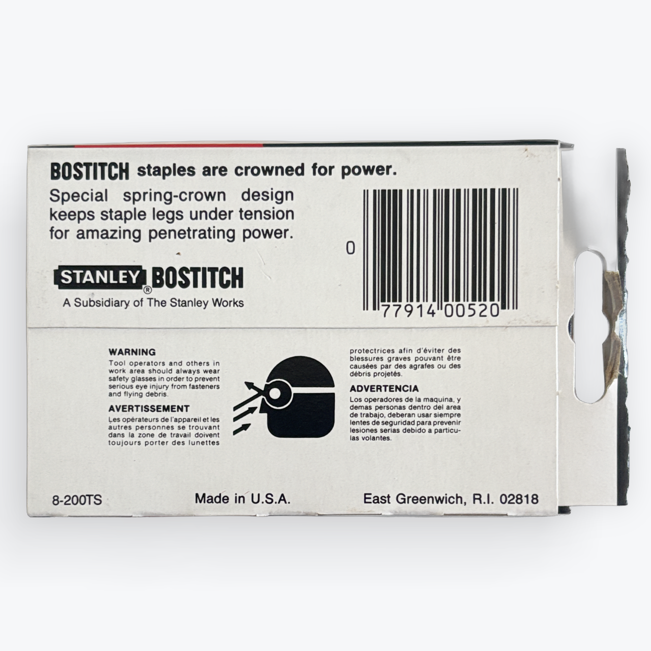 Back view of a Stanley Bostitch staple package, showing product information, a barcode, and a hanging hole on a white background.