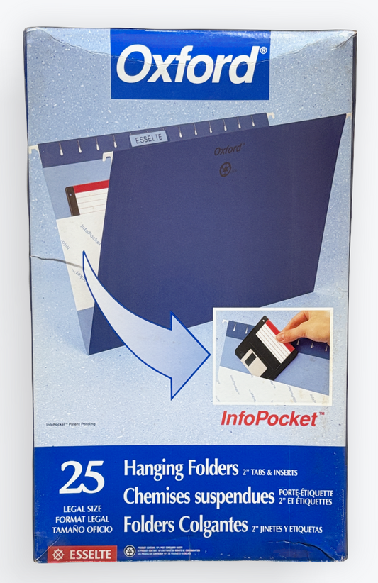 Oxford Exxelte Hanging Folders in blue, 25-pack, in its original retail packaging against a clean white background.