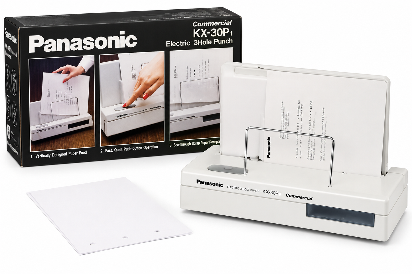 Panasonic Commercial KX-30P Electric 3-hole Punch machine in white, shown next to its black retail packaging box and a blank white paper sheet on a white background.