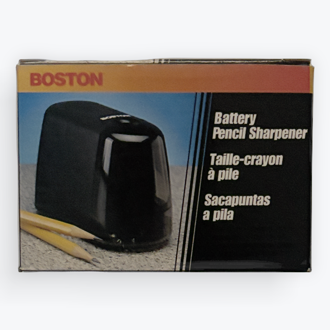 Boston battery pencil sharpener retail box shown against a light gray background. The packaging features a photo of the black pencil sharpener and includes text in English, French, and Spanish.