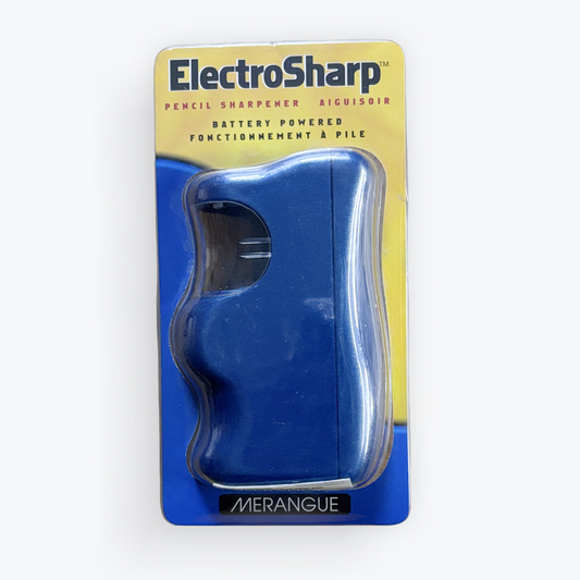 ElectroSharp Merangue battery powered pencil sharpener in blue, packaged in its original yellow and blue cardboard blister pack against a light gray background.