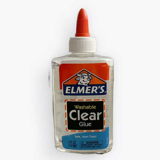 A bottle of Elmer's Washable Clear Glue with a white cap and orange-red pointed tip, shown on a plain light gray background.