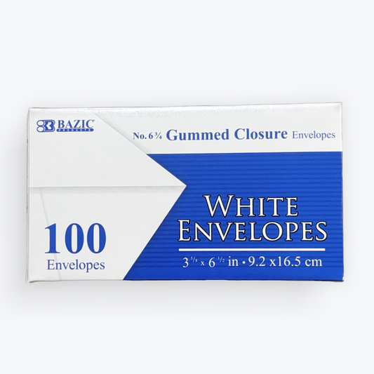 Sobres Blancos Bazic No. 6¾ | Caja de 100 | Cierre Engomado | 3⅝" x 6½"