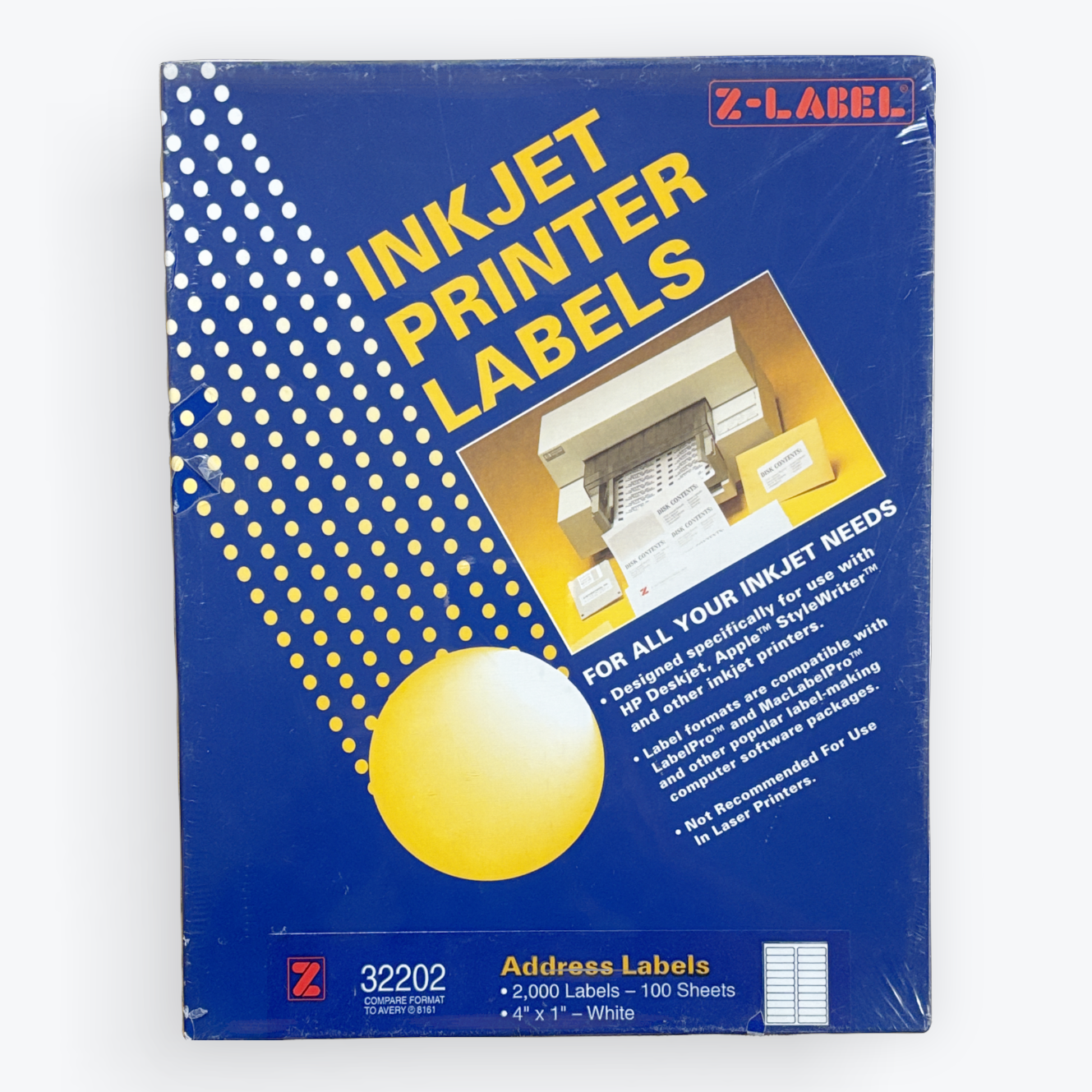Z-Label 32202 Inkjet Printer Address Labels in a blue 100-pack box, featuring yellow and white text and graphics on a light gray background.
