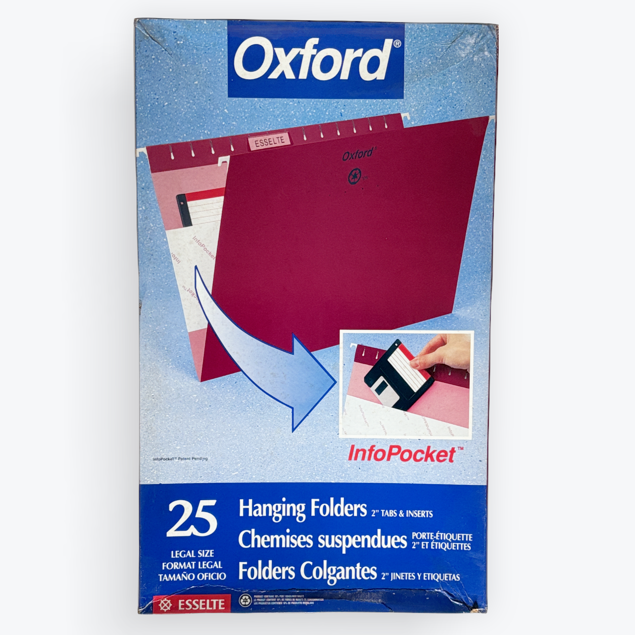 Oxford InfoPocket 25 hanging folders shown in its original blue and white packaging against a light gray background.