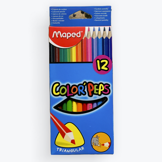 A package of 12 Maped Color'Peps Triangular colored pencils on a clean white background.