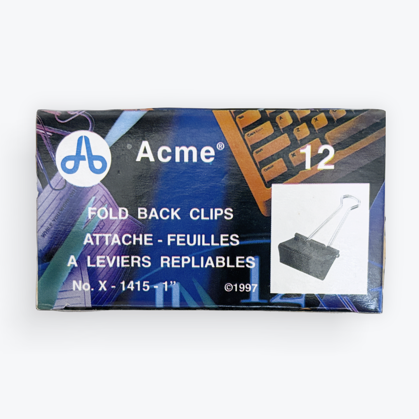Acme brand No. 12 fold back paperclip replacement clips in a rectangular box with a blue and black graphic design.
