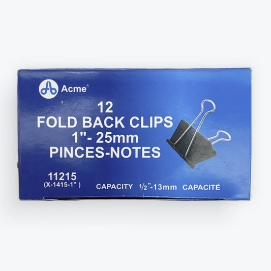 Acme brand blue cardboard box of 12 black fold back clips, 1 inch to 2.5 millimeters, on a light gray background.