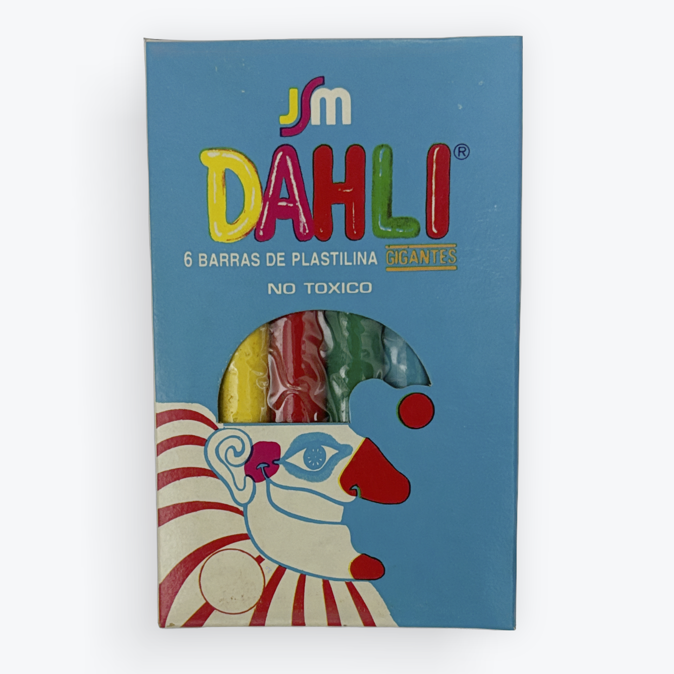 A blue rectangular box of SM Dahli, featuring a colorful clown illustration and a clear window showing the colorful sticks inside.