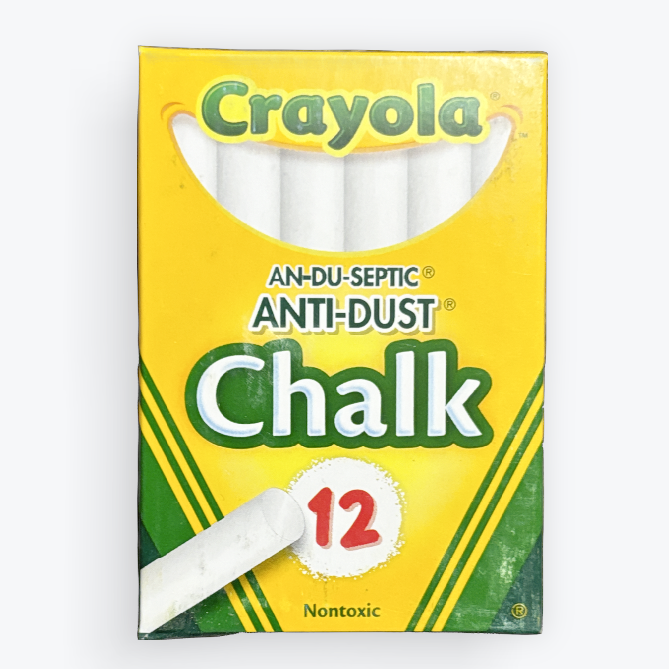 A box of Crayola Anti-Dust Chalk, size 12, featuring the classic yellow and green crayon-shaped packaging with white chalk visible at the top.