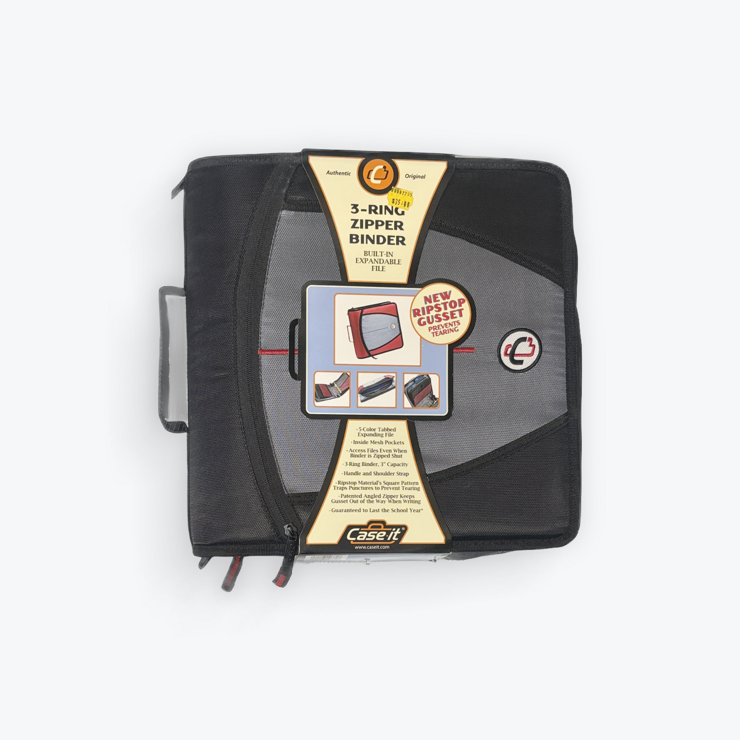 Case-it 3-Ring Zipper Binder with Expanding File | Built-in Organizer | Shoulder Strap | Letter Size | Black