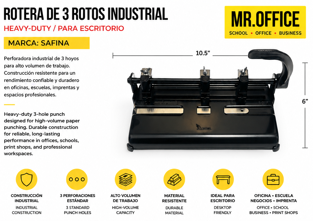 A promotional infographic for a heavy-duty industrial 3-hole punch rotary cutter by SAFINA, branded by MR.OFFICE.