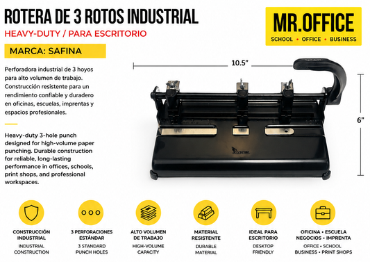 A promotional infographic for a heavy-duty industrial 3-hole punch rotary cutter by SAFINA, branded by MR.OFFICE.