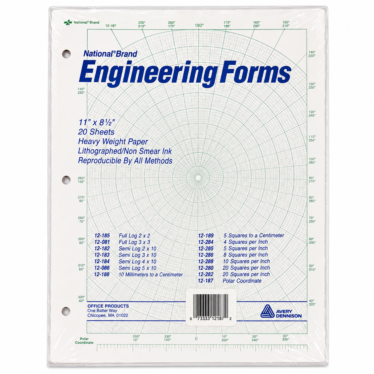 National® Engineering Forms 12-187 | Polar Coordinate Graph Paper | 11" × 8½" | 20 Sheets | Heavy Weight Engineering Paper