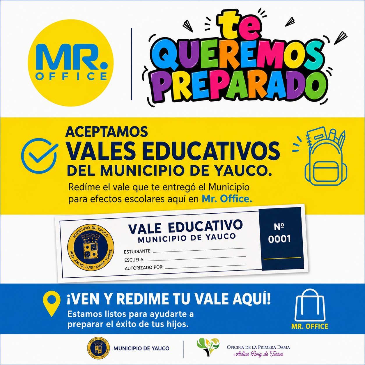 Promotional graphic in Spanish for Mr. Office, showing the colorful 'te queremos preparado' logo, a yellow banner accepting educational vouchers from the Municipality of Yauco, a sample voucher, and a blue footer with service information.