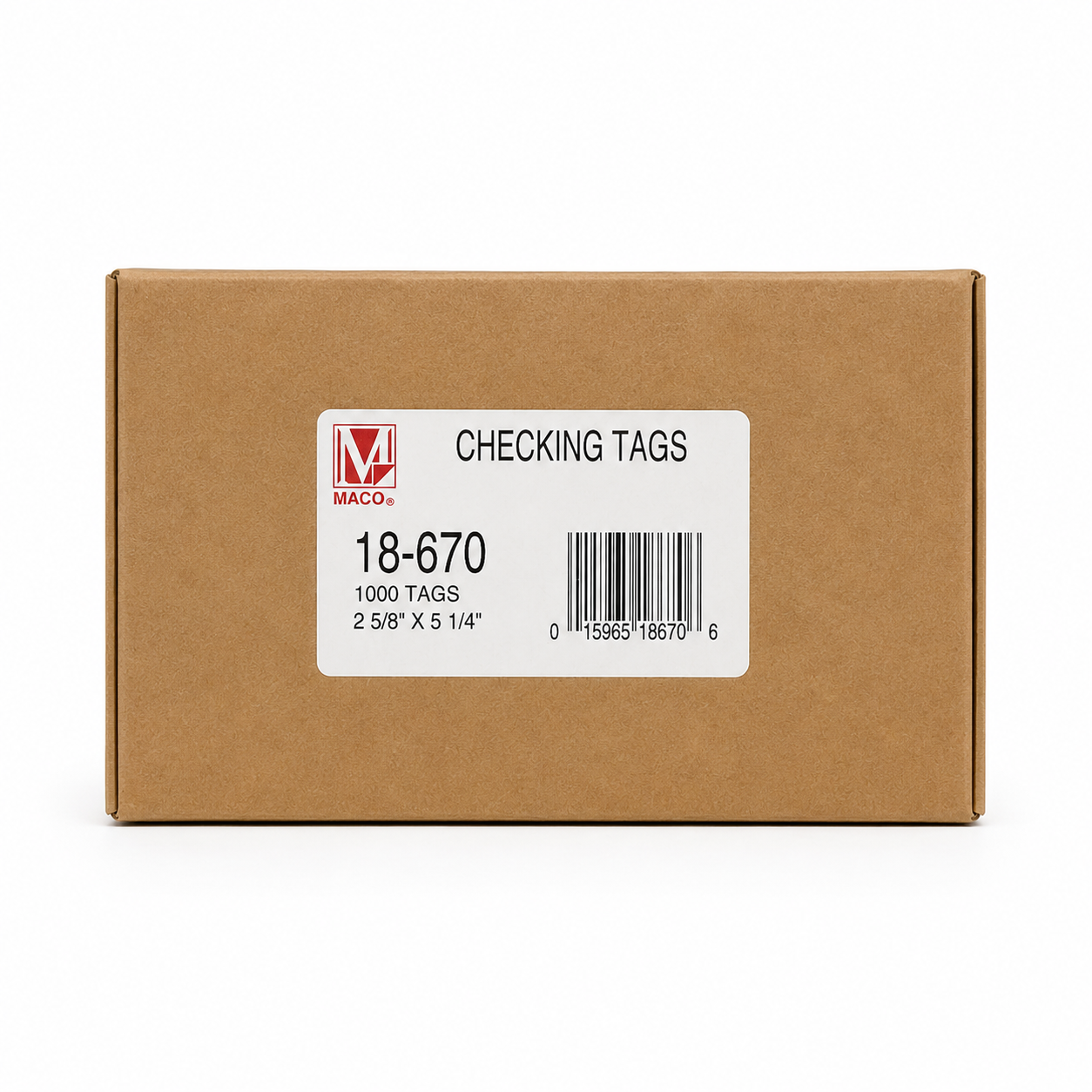 A brown cardboard box for Maco Checking Tags, model 18-670, containing 1000 tags. The box features a white label with a red Maco logo and a barcode.