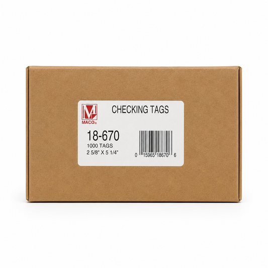 A brown cardboard box for Maco Checking Tags, model 18-670, containing 1000 tags. The box features a white label with a red Maco logo and a barcode.