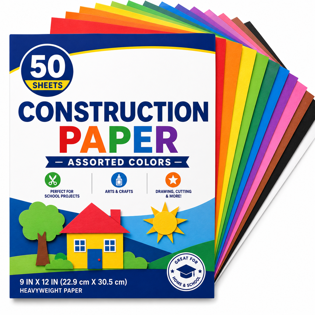 A pack of 50 assorted construction paper sheets in various colors, with the blue and white retail box visible in front and the colored papers fanned out behind it on a white background.
