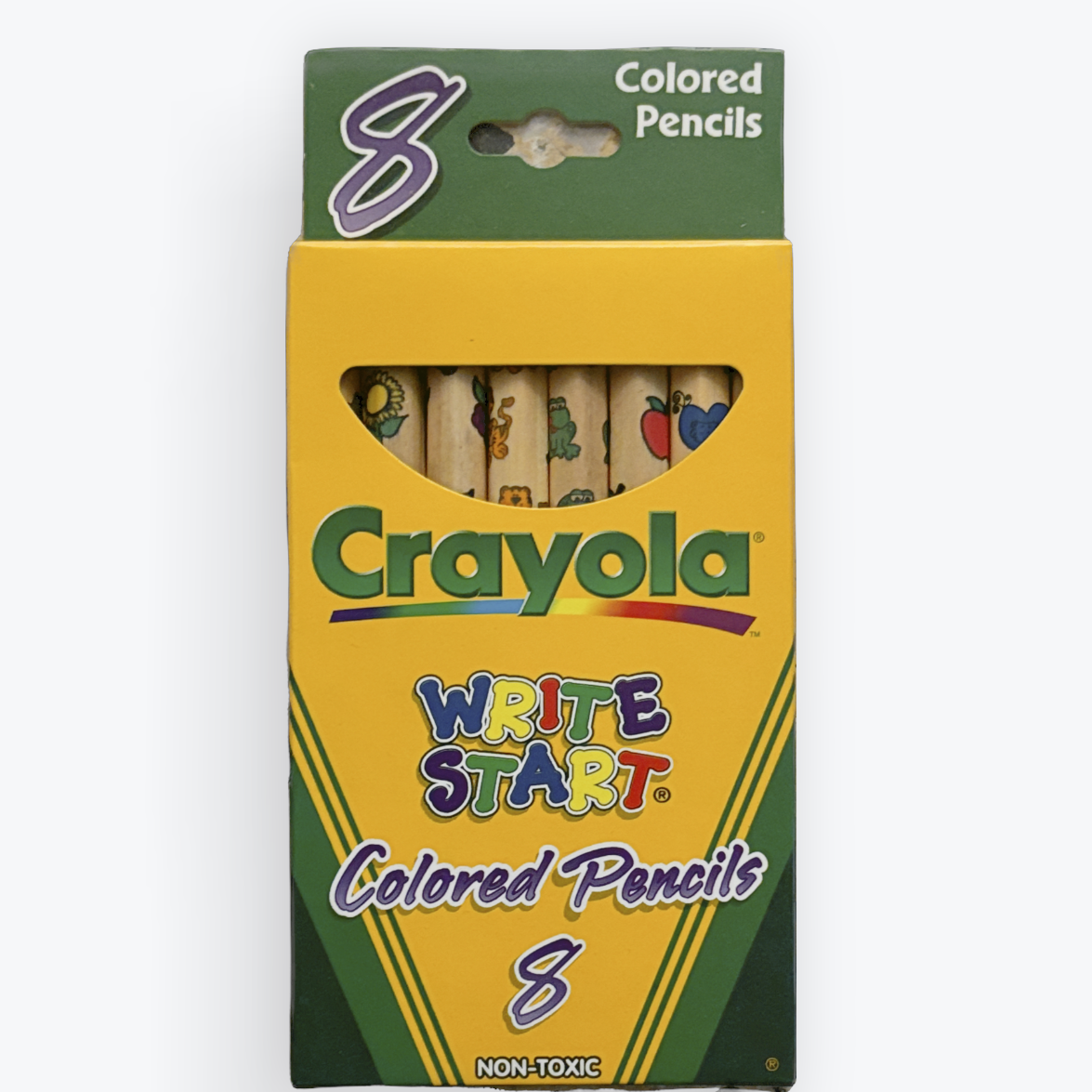 A box of Crayola Write Start Colored Pencils, size 8, featuring a yellow and green packaging design with a clear window showing the colored pencils inside.