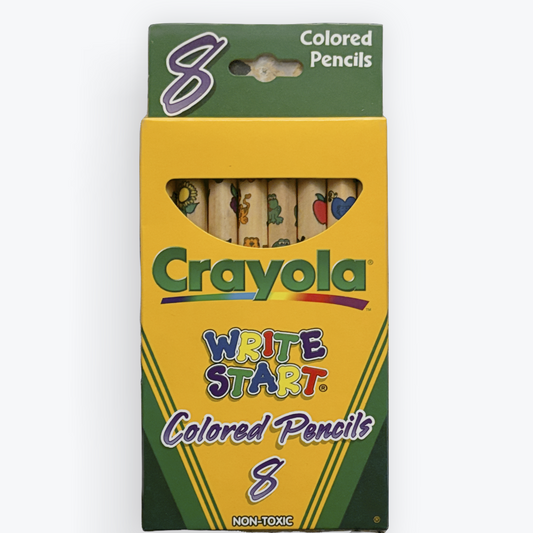 A box of Crayola Write Start Colored Pencils, size 8, featuring a yellow and green packaging design with a clear window showing the colored pencils inside.