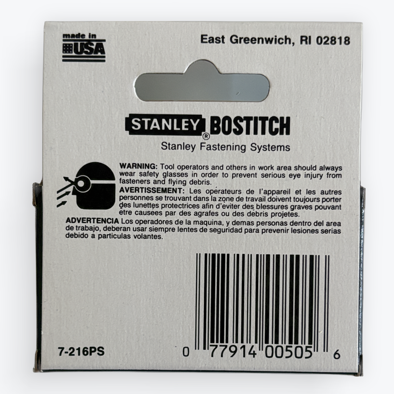 Stanley Bostitch Stanley Fastening Systems part 7-216PS packaging card, showing product information, barcode, and warning labels on a white background.