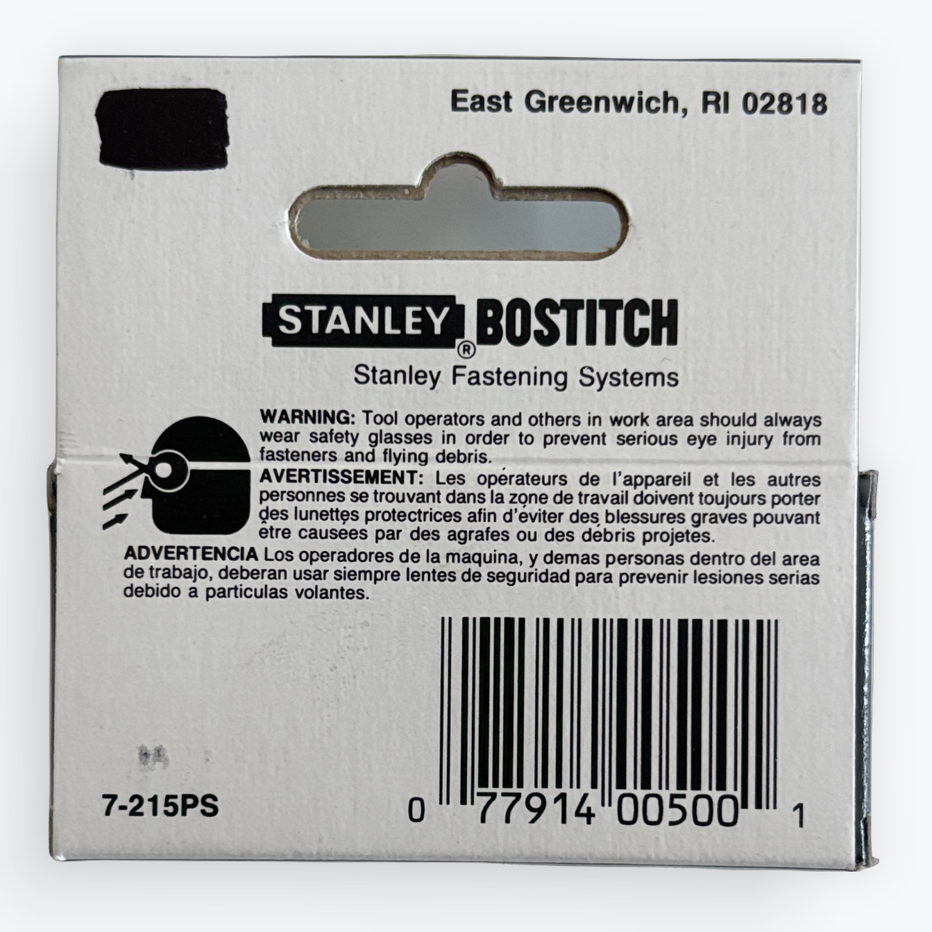 The back of a Stanley Bostitch Stanley Fastening Systems tool box, showing product information, warning labels, and a barcode on a white background.