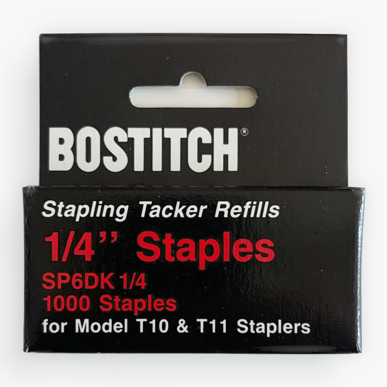 Bostitch 1/4 inch stapling tacker refill packaging containing 1000 staples for Model T10 and T11 staplers.