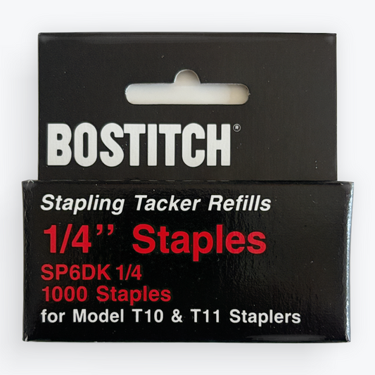 Bostitch 1/4 inch stapling tacker refill packaging containing 1000 staples for Model T10 and T11 staplers.